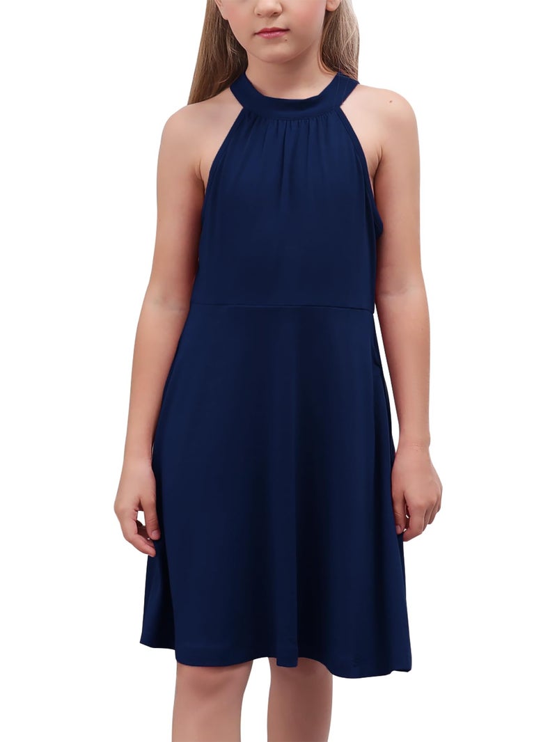 GORLYA Girl's Halter Neck Cold Shoulder Sleeveless Summer Casual Sundress A-line Dress with Pockets (GOR1013, 14Y, Navy) - Image 1